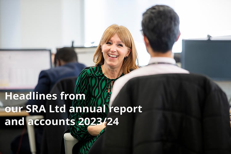 Two professionals converse in an office setting with text overlay mentioning highlights from the SRA Ltd annual report for 2023/24.
